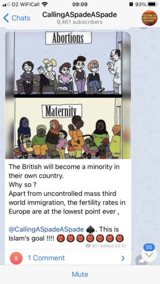 A message in "CallingASpadeASpade" (9461 subscribers).
The message shows an image in two parts.
The first part shows a room labeled "Abortions", in which five white women wait to be seen by the white doctor.
The second part shows a room labeled "Maternity", in which six women of colour, each heavily pregnant and each standing with several other children, queue to be seen.
The image is captioned. "The British will become a minority in their own country. Why so? Apart from uncontrolled mass third world immigration, the fertility rates in Europe are at the lowest point ever. @CallingASpadeASpade. This is Islam's goal!!!! <seven devil emojis>"