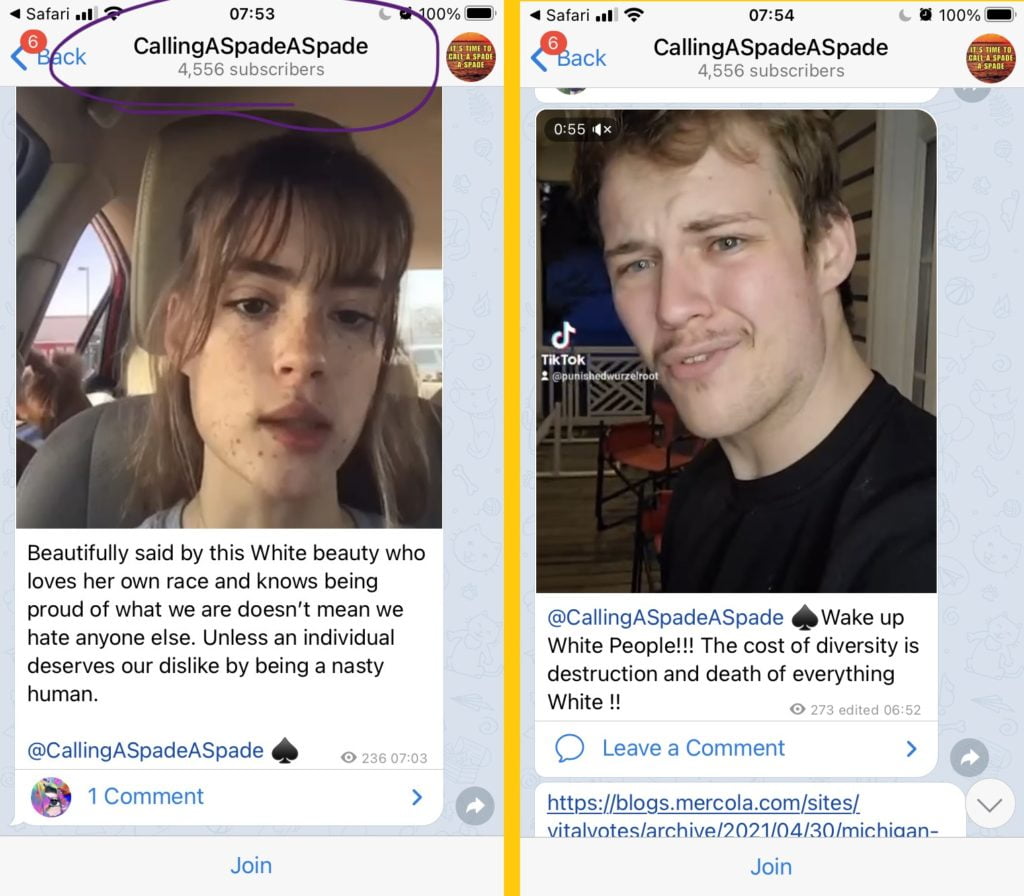 Two messages in "CallingASpadeASpade" (4556 members.
The first message shows a video of a lady, with the caption: "Beautifully said by this White beauty who loves her own race and knows being proud of what we are doesn't mean we hate anyone else. Unless an individual deserves our dislike by being a nasty human."
The message tags and links to the channel "@CallingASpadeASpade"
The second message shows a video of a man, with the caption "@CallingASpadeASpade Wake up White People!! The cost of diversity is destruction and death of everything White!!"