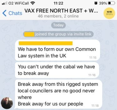 A message in "VAX FREE NORTH EAST + WEST" (46 members, 2 online). Message reads: "We have to form our own Common Law system in the UK. You can't under the cabal we have to break away. Break away from this rigged system local councilers are no good never where. Break away for us our people".