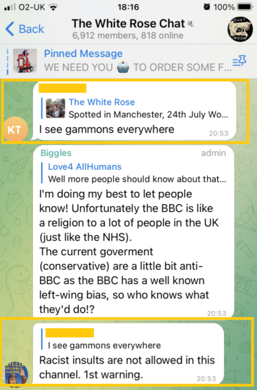 An exchange in "The White Rose Chat" (6,912 members, 818 online). 

The first message has user KT comment on an image of a White Rose protest "I see gammons everywhere"

The second message has a channel moderator respond to that message with "Racist insults are not allowed in this channel. 1st warning."