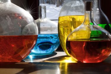 Coloured liquids in laboratory glassware