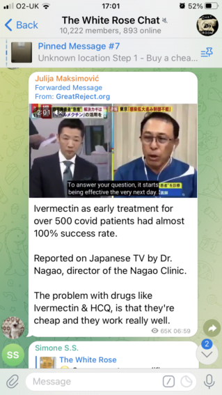 A message in "The White Rose Chat" (10,222 members, 893 online). Message reads: "Ivermectin as early treatment for over 500 covid patients had almost 100% success rate. Reported on Japanese TV by Dr. Nagao, director of the Nagao Clinic. The problem with drugs like Ivermectin & HCQ, is that they're cheap and they work really well" - the message is forwarded from GreatReject.org.