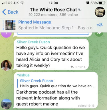 Two messages in "The White Rose Chat" (10,222 members, 886 online). 

Message one: "Hello guys. Quick question do we have any info on ivermectin? I've heard Alicia and Cory talk about taking it weekly"

Message two: "Darkhorse podcast has all the relevant information along with guest robert malone"
