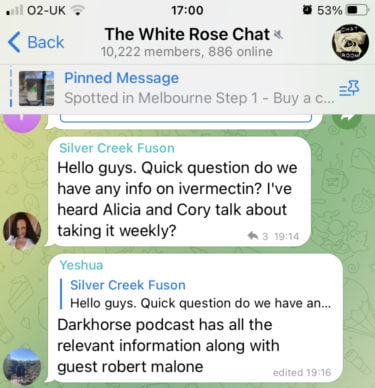 Two messages in "The White Rose Chat" (10,222 members, 886 online).
Message one: "Hello guys. Quick question do we have any info on ivermectin? I've heard Alicia and Cory talk about taking it weekly"
Message two: "Darkhorse podcast has all the relevant information along with guest robert malone"