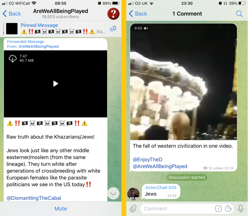 Two messages in "AreWeAllBeingPlayed" (19,903 subscribers).
The first message shows a video with the caption:
"<range of emojis showing death, pirate flag, and alert triangles>
Raw truth about the Khazarians/Jews!
Jews look just like any other middle eastener/moslem (from the same lineage). They turn white after generations of crossbreeding with white European females like the parasite politicians we see in the US today!! @DismantlingTheCabal"
The second image shows a video captioned "The fall of western civilization in one video @EnjoyTheD @AreWeAllBeingPlayed". The first comment on the video is from "AztecChad 420", who simply comments "Jews".