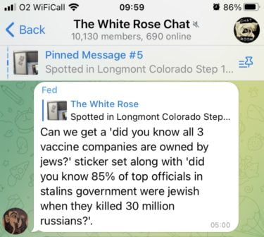 A message in "The White Rose" (10,130 members, 690 online).
The message responds to the posting of an image of a sticker, and reads: "Can we get a 'did you know all 3 vaccine companies are owned by jews?' sticker set along with 'did you know 85% of top officials in stalins government were jewish when they killed 30 million russians?'
