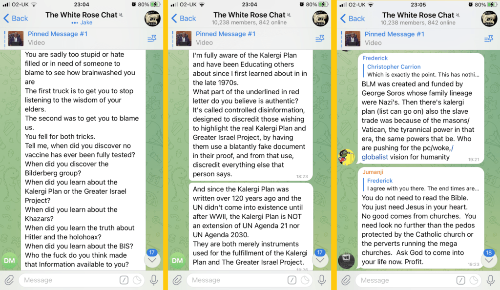 Three posts in "The White Rose Chat" (10,238 members, 842 online).
The first reads: "You are sadly too stupid or hate filled or in need of someone to blame to see how brainwashed you are. The first truck is to get you to stop listening to the wisdom of your elders. The second was to get you to blame us. You fell for both tricks. Tell me, when did you discover no vaccine has ever been fully tested? When did you discover the Bilderberg group? When did you learn about the Kalergi Plan or the Greater Israel Project? When did you learn about the Khazars? When did you learn the truth about Hitler and the holohoax? When did you learn about the BIS? Who the fuck do you think made that information available to you?"
The second reads: "I'm fully aware of the Kalergi Plan and have been Educating others about since I first learned about it in the late 1970s. What part of the underlined in red letter do you believe is authentic? It's called controlled disinformation, designed to discredit those wishing to highlight the real Kalergi Plan and Greater Israel Project, by having them use a blatantly fake document in their proof, and from that use, discredit everything else that person says. And since the Kalergi Plan was written over 120 years ago and the UN didn't come into existence until after WWII, the Kalergi Plan is NOT an extension of UN Agenda 21 nor UN Agenda 2030. They are both merely instruments used for the fulfillment of the Kalergi Plan and the Greater Israel Project."
And the third reads: "BLM was created and funded by George Soros whose family lineage were Nazi's. Then there's kalergi plan (list can go on) also the slave trade was because of the masons/Vatican, the tyrannical power in that era, the same powers that be. Who are pushing the pc/woke/globalist vision for humanity."
