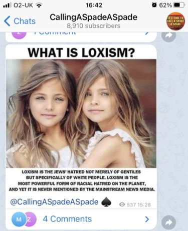 A message in "CallingASpadeASpade" (8.910 subscribers).
The message shows an image of two blonde haired, blue eyed girls. The image is captioned. "What is Loxism? Loxism is the Jew's hatred not merely of Gentiles but specifically of White People. Loxism is the most powerful form of racial hatred on the planet, and yet is it never mentioned by the mainstream news media."