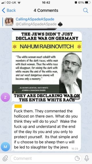 A message in "CallingASpadeASpade". 

The message shows a meme image featuring an elderly Jewish man. The text reads:
"The Jews didn't just declare war on Germany. 
Nahum Rabinovitch.
"The white woman must cohabit with members of the dark races, white men with black women. Thus the white race will disappear, for mixing the dark with white means the end of the white man, and our most dangerous enemy will become only a memory" - is an influential anti-white Jewish Canadian Rabbi

They are declaring war on the entire white race"

A response reads: "Fuck them. They committed the holocaust on their own. What do you think they will do to you? Wake the fuck up and understand at the end of the day its you and you only to protect yourself. Its that simple and if you choose to be sheep then you will be led to slaughter by the Jews".


of two blonde haired, blue eyed girls. The image is captioned. "What is Loxism? Loxism is the Jew's hatred not merely of Gentiles but specifically of White People. Loxism is the most powerful form of racial hatred on the planet, and yet is it never mentioned by the mainstream news media."