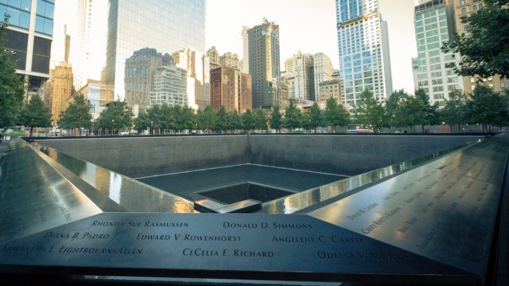 The 9/11 memorial in New York, taken by Petr Kratochvil and released under Public Domain license.