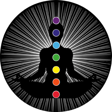 A diagram of chakra;s running through a silhouette of a body.