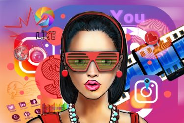 Influencer - a cartoon drawing of a white woman wearing red sunglasses, a red dress and red earrings and hairband holding back her dark hair. In the background are social media icons and emoki.
