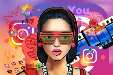 Influencer - a cartoon drawing of a white woman wearing red sunglasses, a red dress and red earrings and hairband holding back her dark hair. In the background are social media icons and emoki. 