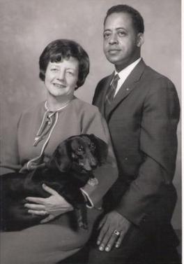 A digitised copy of a portrait of Betty and Barney Hill and their dog.