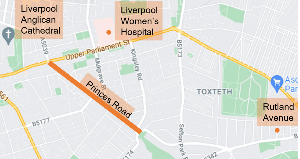 A screen shot of Google maps showing Upper Parliament Street - the sit of the Liverpool Women's Hospital - which intersects with Princes Road. Princes Road then easily connects via two roads to Rutland Avenue which is also highlighted on the map.
