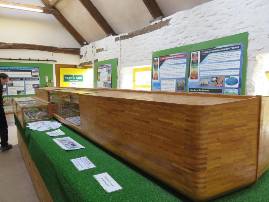 A ‘scale model’ of Noah’s Ark in the Ark Exhibit barn. There are posters on the walls describing Anthony Bush’s view of flood geology. This exhibit is currently closed.