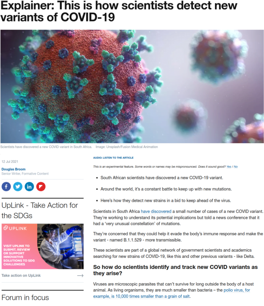 Screenshot of a World Economic Forum blog post about how variants of covid-19 are detected, which contains a mistaken dateline mis-identifying it as earlier than it was actually written.