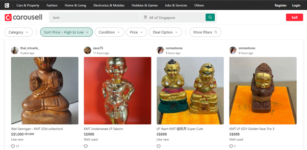 A screen shot of the search term "kmt" on carousell showing child shaped statues or idols. 