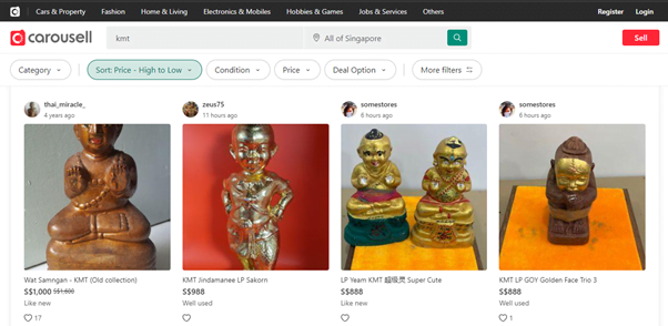 A screen shot of the search term "kmt" on carousell showing child shaped statues or idols.
