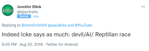 A tweet from Jennifer Bilek dated August 30th 2018 reads: "Indeed Icke says as much: devil/AI/ Reptilian race"