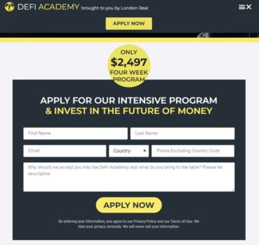 An application form for the DeFi academy which is an "only $2,497 four week program"