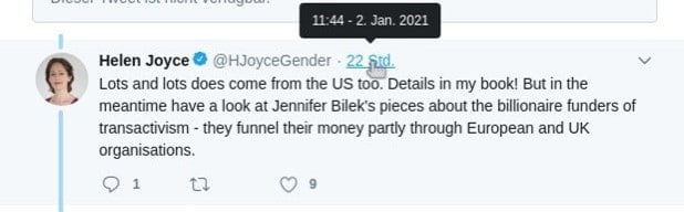 A tweet from Helen Joyce dated 2nd January 2021 which reads "Lots and lots does come from the US too. Details in my book! But in the meantime have a look at Jennifer Bilek's pieces about the billionaire funders of transactivism - they funnel their money partly through European and UK organisations."