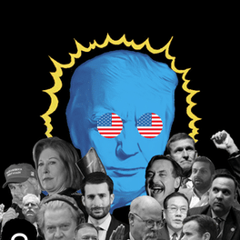 A drawing of Donald Trump in blue with USA flag glasses on and a yellow spiky outline. Below him are many other right wing political figures or wealthy supporters of Trump in black and white. 