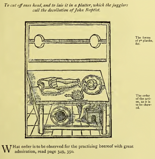"To cut off ones head, and the laie it in a platter, which the jugglers call the decollation of John Baptist. What order is to be observed for the practising heerof with great admiration, read page 349, 350. "

Image is a drawing of a table upon which is a body with no head. The head is on a platter by the body's feet, or perhaps that head is attached to a body which is sitting beneath the table on a stool? Above the drawing is a depiction of the table top - there are two holes in the table top which would allow for the head of the body to be tucked down beneath the table, and the body of the head on the platter to be seated beneath the table. 