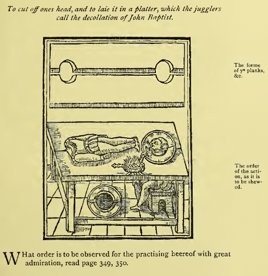 "To cut off ones head, and the laie it in a platter, which the jugglers call the decollation of John Baptist. What order is to be observed for the practising heerof with great admiration, read page 349, 350. "
Image is a drawing of a table upon which is a body with no head. The head is on a platter by the body's feet, or perhaps that head is attached to a body which is sitting beneath the table on a stool? Above the drawing is a depiction of the table top - there are two holes in the table top which would allow for the head of the body to be tucked down beneath the table, and the body of the head on the platter to be seated beneath the table.