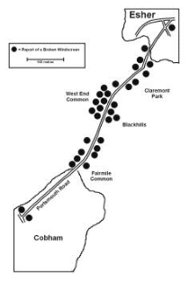 A stretch of road indicated on a map between Esher and Cobham with incident sites marked alongside it. 