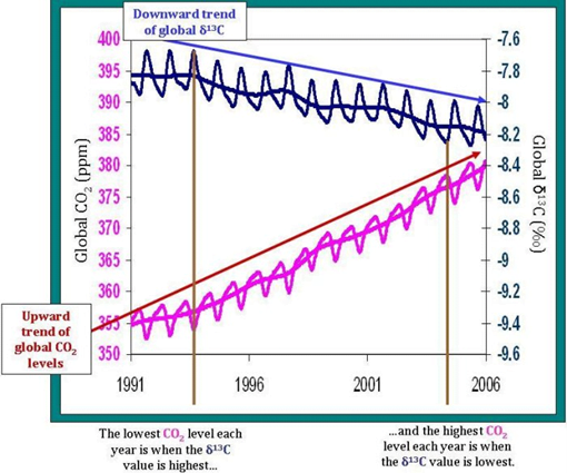 Plot comparing the increasing concentration of CO2 in the atmosphere (left y-axis) with the corresponding decrease in δ13C (right y-axis).