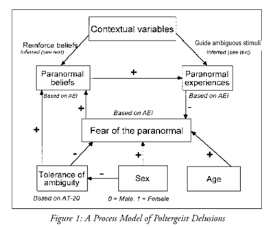 "Figure 1: A Process Model of Poltergeist Delusions" - at the top "Contextual variables" with the options "paranormal beliefs" or "paranormal experiences". These feed into "fear of the paranormal" and are influenced by "sex", "age" and "tolerance of ambiguity"