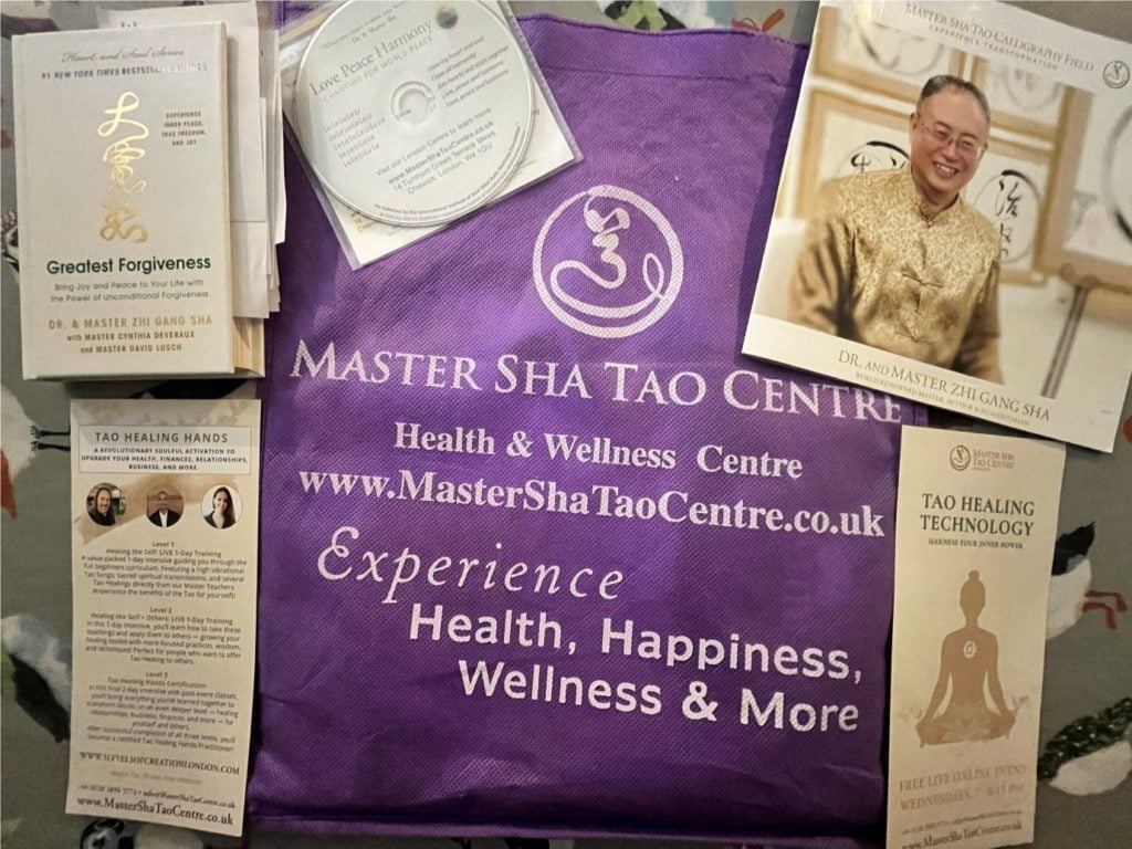 A photograph of the booklets. leaflets and CD given in the Master Sha Tao Centre goody bag given when Michael Marshall signed up to the mailing list. 