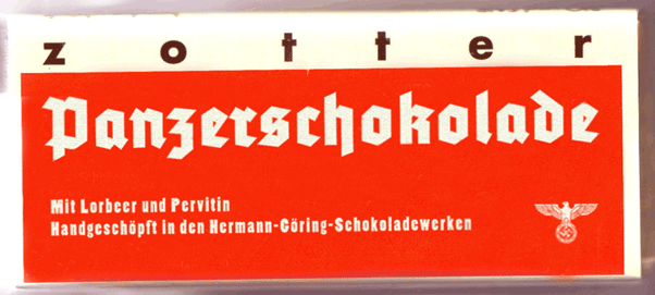 A chocolate wrapper for Panzerschokolade by Zotter - a red wrapper with a Nazi logo on it. 