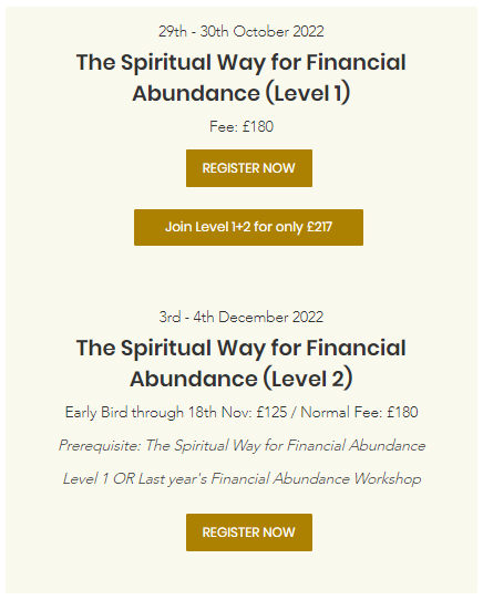Details for "The Spiritual Way for Financial Abundance" levels one and two listed as £180 each or £217 for both. 