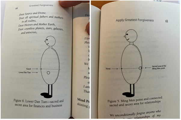 Figures 5 and 6 in the book - two almost identical diagrams which show a cartoon of a human body (using circle and triangle shapes) with the "lower dan tian" points and the "ming men" point labelled. These two points are on the lower abdomen at the front and the rear of the body. The ming men point is labelled as a "sacred and secret area for relationships" while the lower dan tian point is labelled as the "sacred and secret area for finances and businesses".