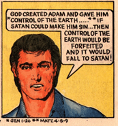 A cartoon of a man saying "God created Adam and gave him *control of the Earth.....** If Satan could make him sin....Then control of the Earth would be forfeited and it would fall to Satan!"

"*Gen 1:26 **Matt 4:8-9"