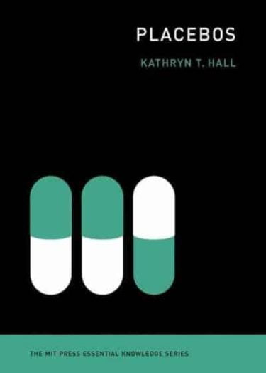 Kathryn Hall's Placebos book cover - a dark green book with three cartoon pill capsules on the cover coloured in half green, half white. 