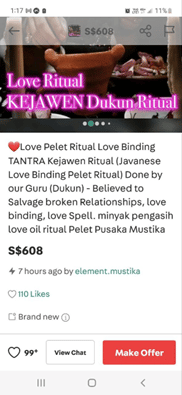 A screen shot of an advert for "Love Ritual KEJAWEN Dukun Ritual" costing S$608 and listed by element.mustika with 110 likes. 