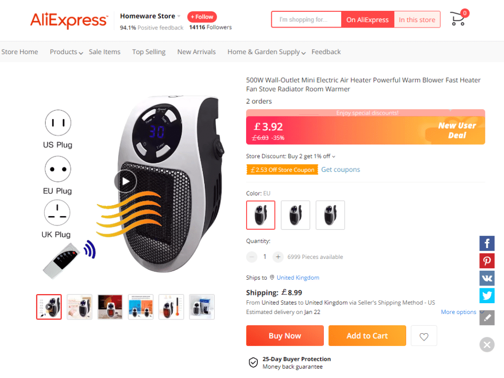 The AliExpress listing for the device. 