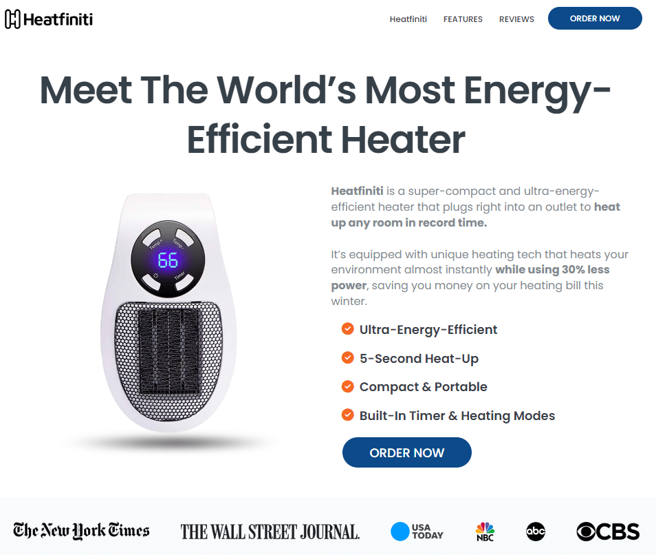 The Heatfiniti advert which says "Meet The World's Most Energy Efficient Heater".
