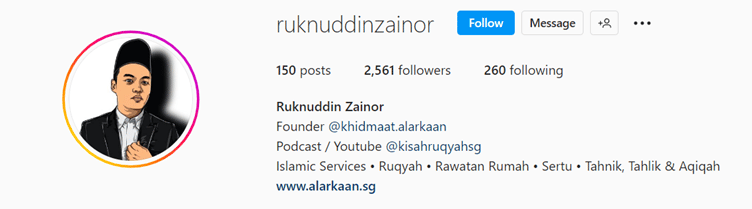 Ustaz Ruknuddin's instagram profile listing his podcast/youtube and stating that he offers: Islamic Services, Ruqyah, Rawatan Rumah, Sertu, Tahnik, Tahlik and Aqiqah. 