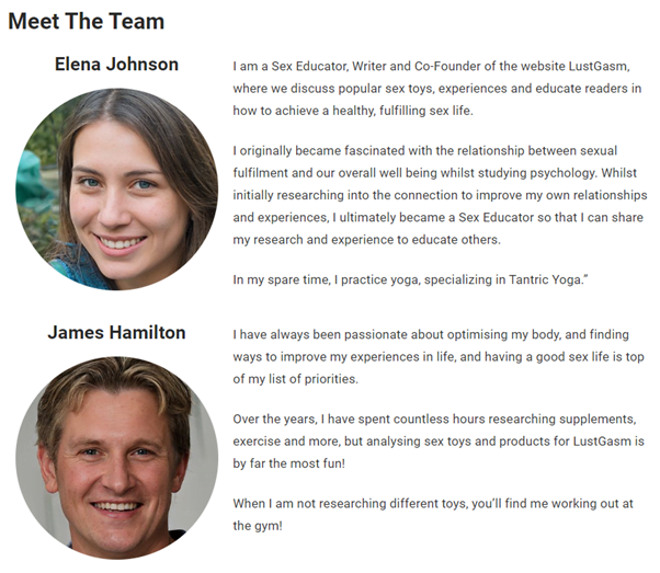 The "meet the team" page with bios for Elena Johnson and James Hamilton as described in the main text. 