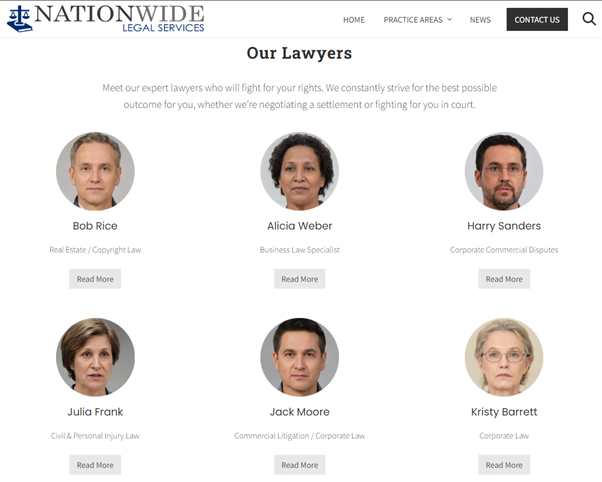 The "Our Lawyers" page of Nationwide Legal Services listing: Bob Rice, Alicia Weber, Harry Sanders, Julia Frank, Jack Moore and Kristy Barrett.
