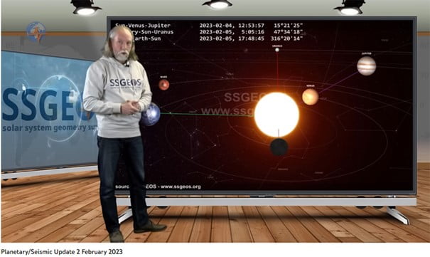 Hoogerbeets wearing a grey hoody and jeans stands in front of a screen with planets on it. 