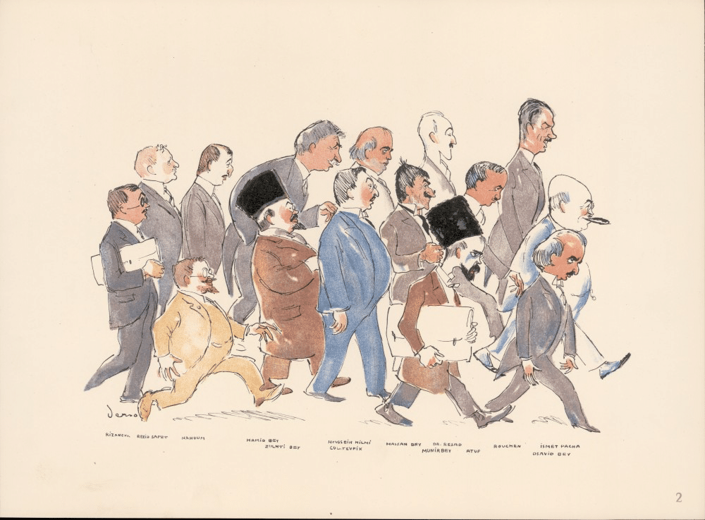 The cartoon of the Turkish delegation at Lausanne, by Alois Derso and Emery Kelèn. Shared by The Lausanne Project under CC BY-NC-ND license.