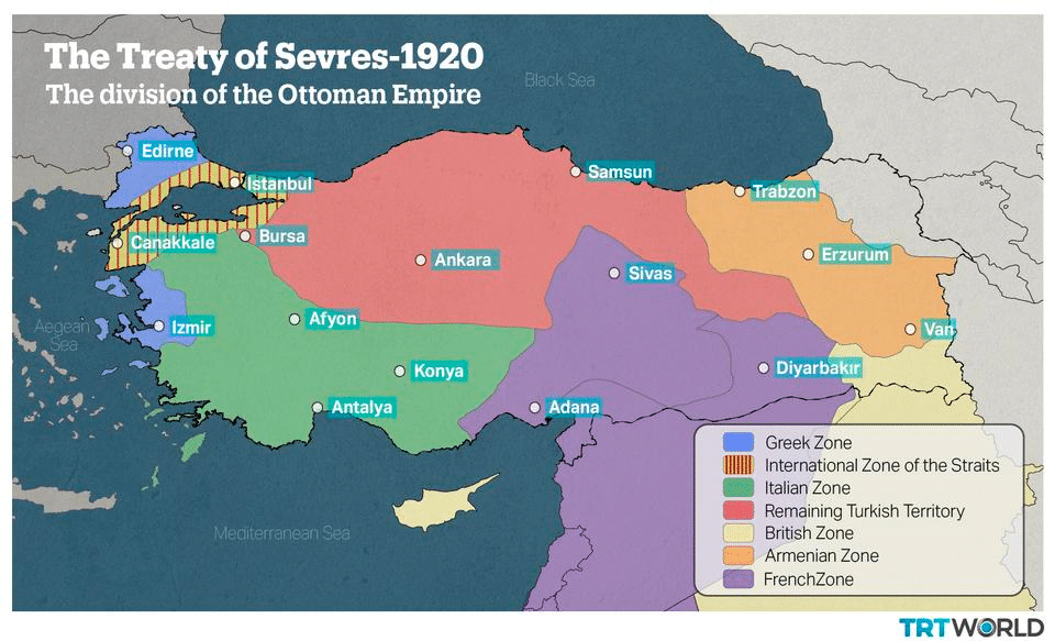 A typical “Sèvres Map” depicting the country sliced into influence territories (including a Greek Zone, Italian Zone, British Zone, Armenian Zone, French Zone, International Zone of the Straits and Remaining Turkish Territory). Source: TRT World, public news broadcaster.
