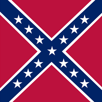 a red flag with a blue X over it, 13 white stars running down each part of the X