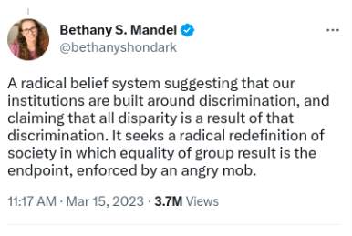 Tweet from Bethany S. Mandel: "A radical belief system suggesting that our institutions are built around discrimination, and claiming that all disparity is a result of that discrimination. It seeks a radical redefinition of society in which equality of group result is the endpoint, enforced by an angry mob"