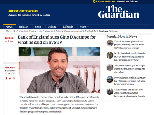 A screen shot from The Guardian with the headline "Bank of England sues Gino D'Acampo for what he said on live TV"
